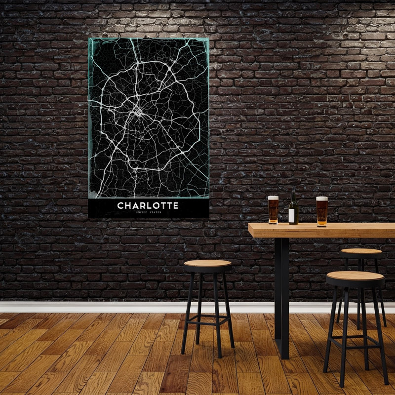 Dark Charlotte City Map Minimalist Modern Contemporary City Architecture Wall Art Print 1 Piece Wrapped Canvas Wall Art