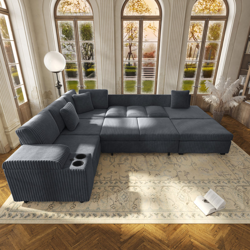Ensemble de canapé modulaire en L 110,2 po avec repose-pieds amovible, canapé-lit convertible avec rangement pour accoudoirs cachés, ports de chargement USB et porte-gobelets, tissu en velours côtelé moelleux, pour salon, appartement, gris foncé