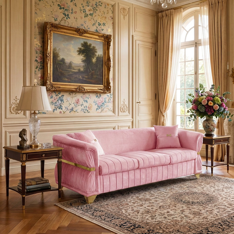Canapé moderne de 83,5 po avec bordure dorée, pieds fuselés, accoudoirs courbés et 2 coussins, Rose