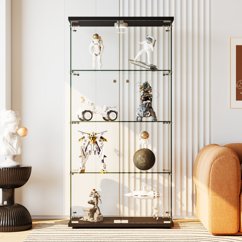 Vitrine en verre trempé - 4 tablettes réglables, portes doubles et serrure, éclairage à DEL 13 couleurs et détecteur de mouvement - Grande vitrine pour objets de collection, figurines, noir