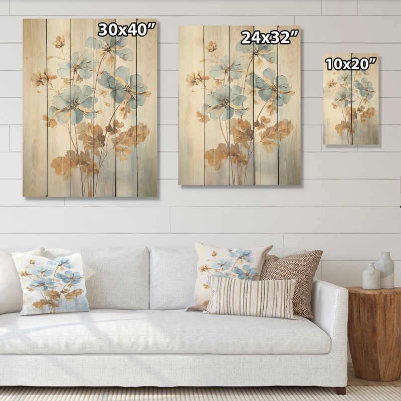 «Geraniums» beige et bleu Bloom I - géraniums, art mural sur bois de pin naturel, H 32 po x l 24 po