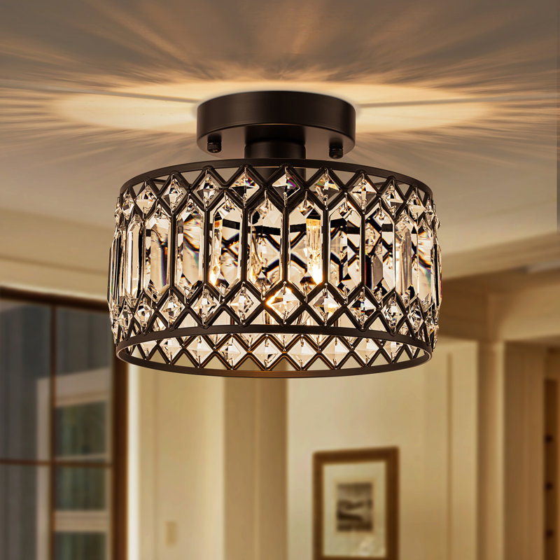 Luxury Crystal Drum Semi Flush Mount Light, 9" Width, Black