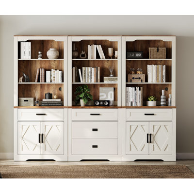 Ensemble de bibliothèque de style campagne moderne à 3 colonnes avec tablettes réglables, étagères en bois de 73 po de hauteur, armoire de rangement et tiroirs pour le bureau personnel, le salon, blanc