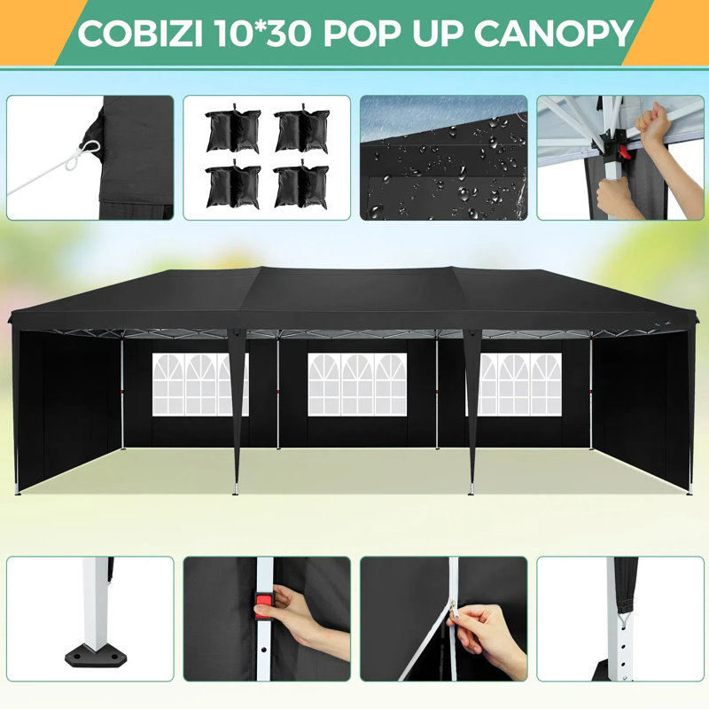 10x30 Pop Up Canopy Tent with Removable Sidewalls, Black