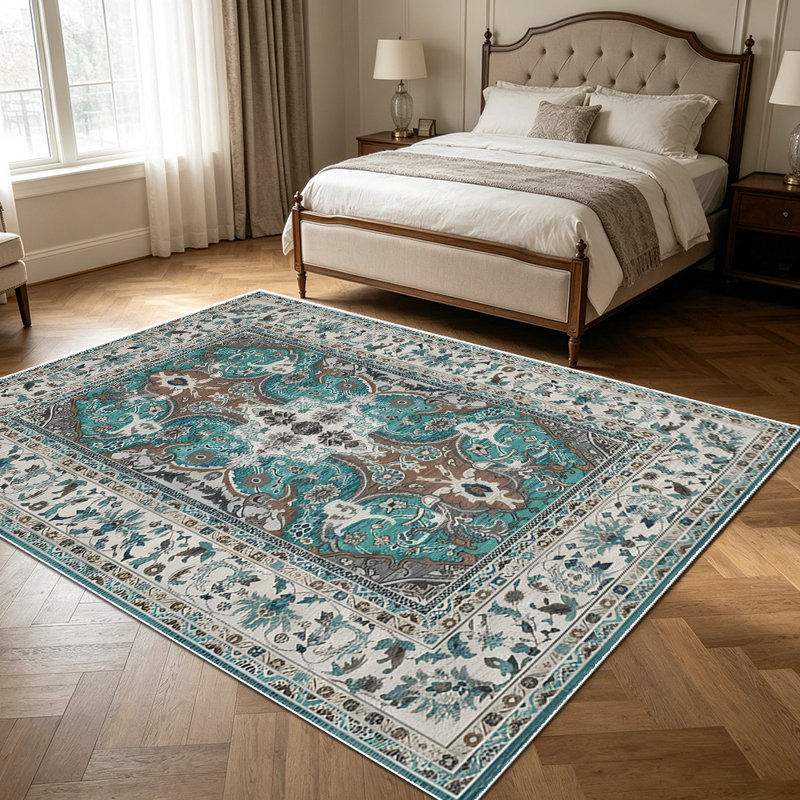 1PC Vintage Persian Teal Floral Bohemian area rugs for Living Room, Soft and Comfortable, Suitable for all seasons, easy-to-maintain, machine washable Indoor floor mat, Under Table Farmhouse suitable for dining table, entryway, bedroom, home office,