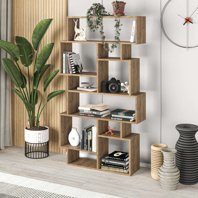 Modern Bookshelf with Numerous Shelves, Hitit Brown, 37.8 x 66.3 x 10.0 inches | 100% Melamine Coated Particle Board, Thickness: 0.7 inches | Wall-Mountable Design, Stylish & Functional Storage Solution for Home & Office