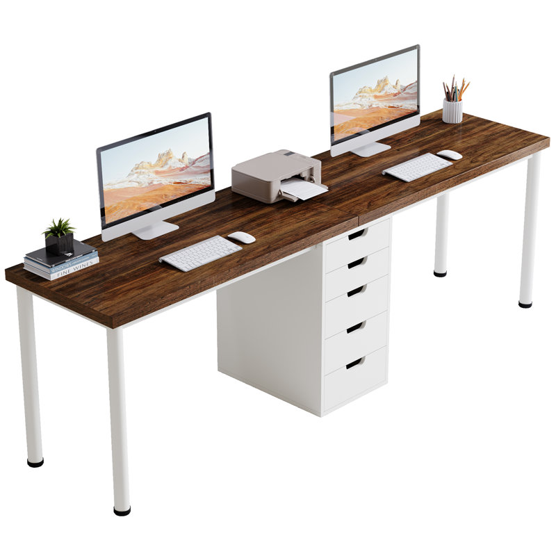 78.7 Inches Two Person Computer Desk With 5 Drawers, Brown/White