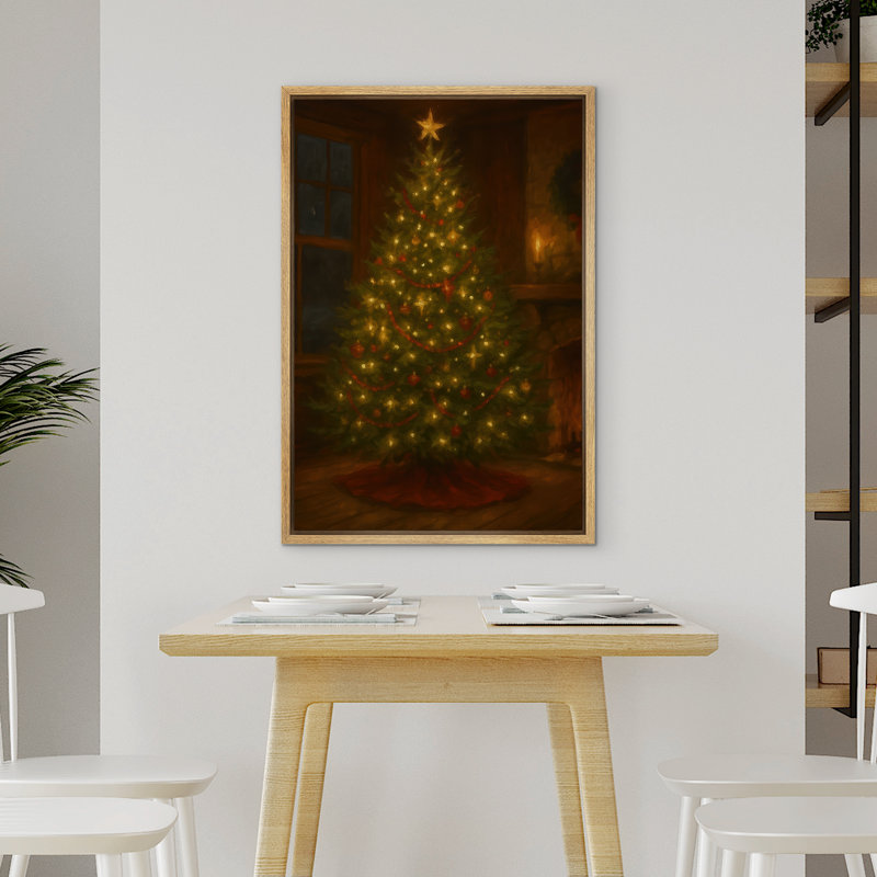 «Glowing Christmas Tree in Cozy Room Warm Holiday Decor», reproduction d'art encadrée sur toile de la chambre principale