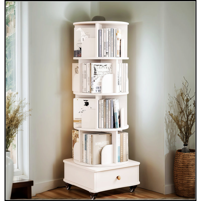 Rotating 360-Degree Corner Bookshelf With Drawer, Space-Saving Organizer For Small Rooms And Modern Decor, White