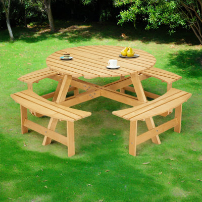 Ensemble de table de pique-nique 8 personnes avec 4 bancs intégrés et un trou pour parasol - parfait pour le jardin, la cour, le porche et le patio - bois naturel