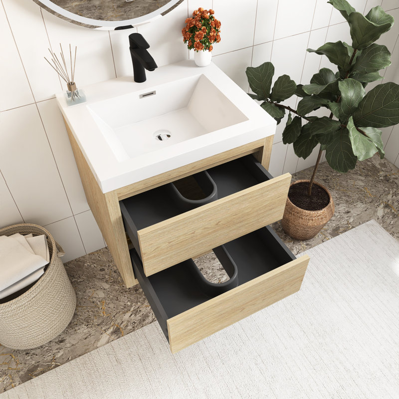 Meuble-lavabo mural 24 po avec lavabo, Bois de chêne naturel