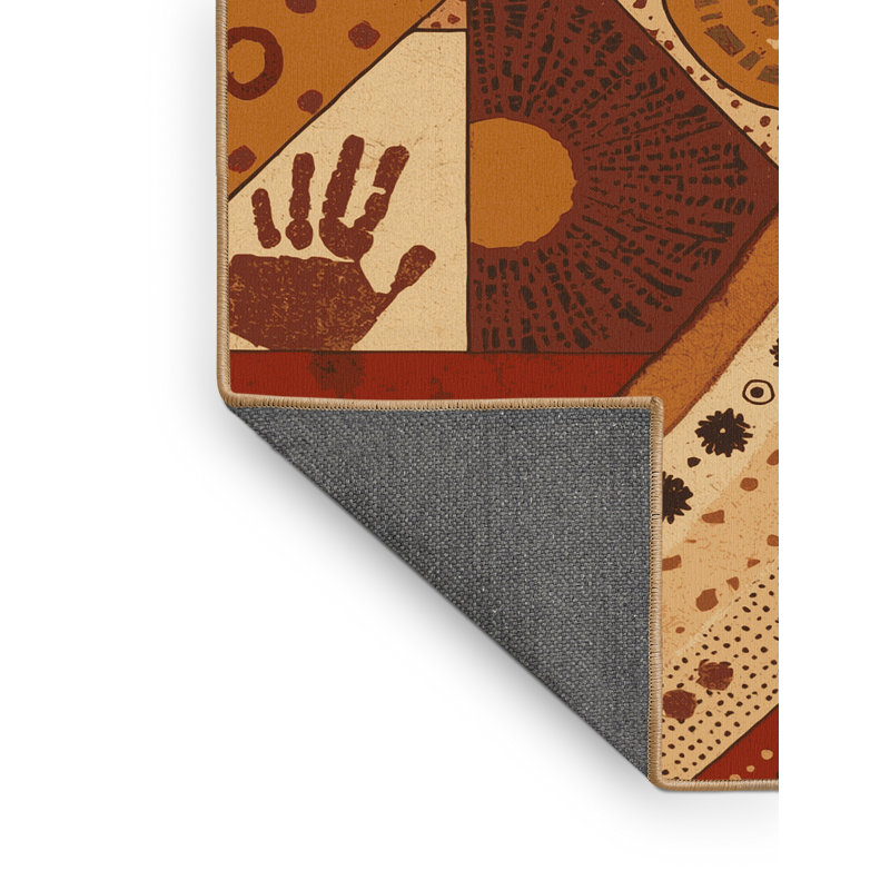 Soft Plush Beecher Aboriginal Rock Art Global Inspired Block Print Area Rug in Brown – LightBrown Binding, 5x7
