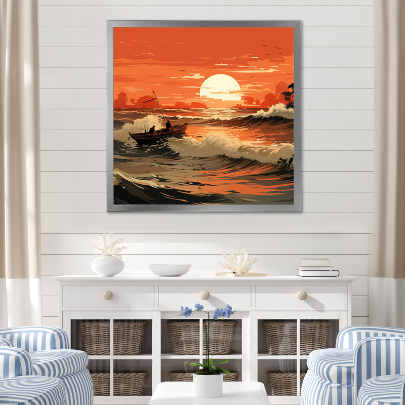 «Tangerine Skies Ocean Waves 2 - Coastal Sunset», art mural, Cadre simple argenté, H 36 po x l 36 po x P 1,5 po