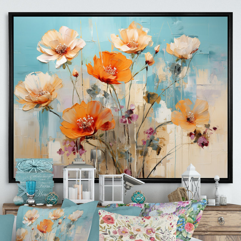 Représentation de cactus orange bleu - reproduction sur toile, H 16 po x l 32 po x P 1 po, Cadre flottant noir