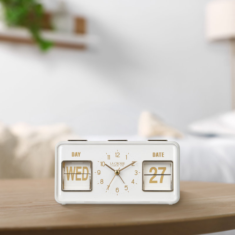 Daily Flip Tabletop Alarm Clock with Calendar, White
