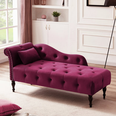Aadi 60.6" Burgundy Velvet Chaise Lounge With Buttons, Nailhead Trim, Solid Wood Legs And A Relaxing - Ambiance Pillow In Supportive