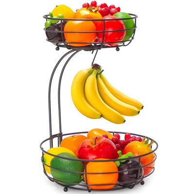 2-Tier Iron Fruit Basket with Banana Hanger - 64oz Countertop Organizer for Fruits & Vegetables