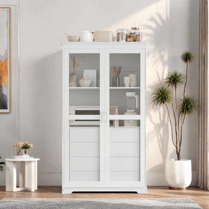 Garde-manger avec portes en verre et 4 tiroirs intégrés, White