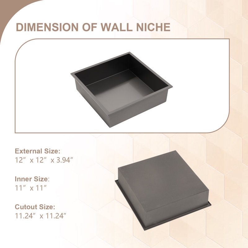 12x12 Square Stainless Steel Recessed Shower Niche Dimension Chart