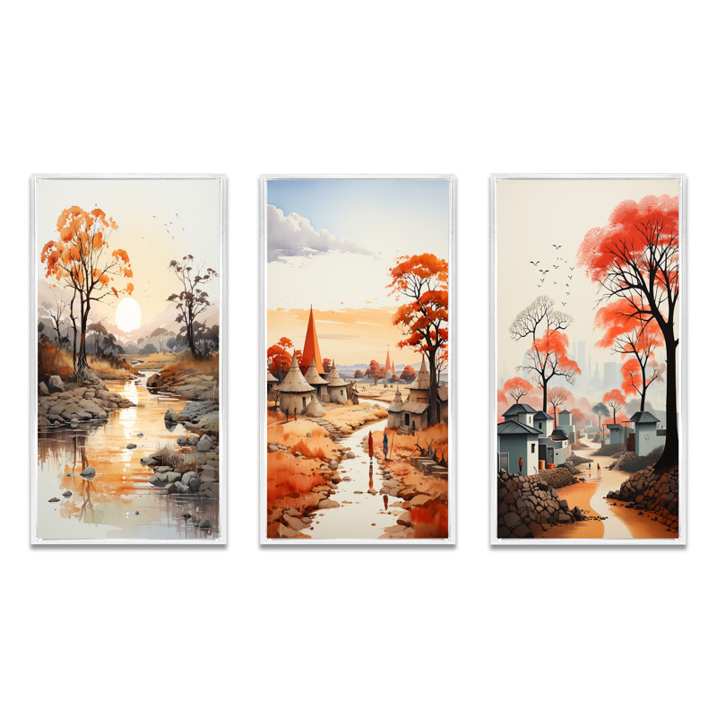«Orange Gray African Valley», 3 pièces sur toile, Cadre flottant blanc, H 20 po x l 36 po