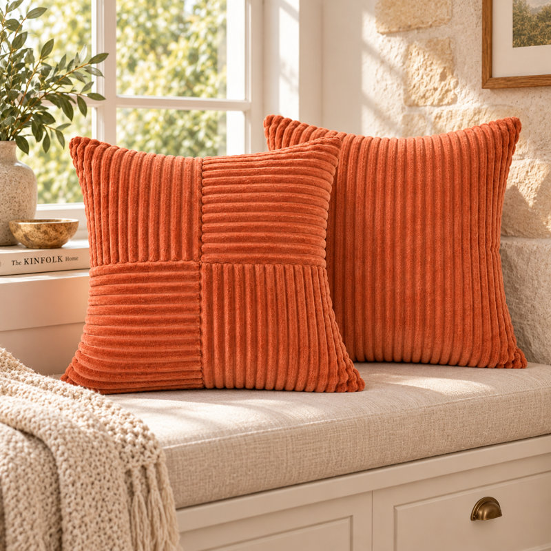 Housse de coussin décorative en velours côtelé doux, réversible, motif géométrique, Peach
