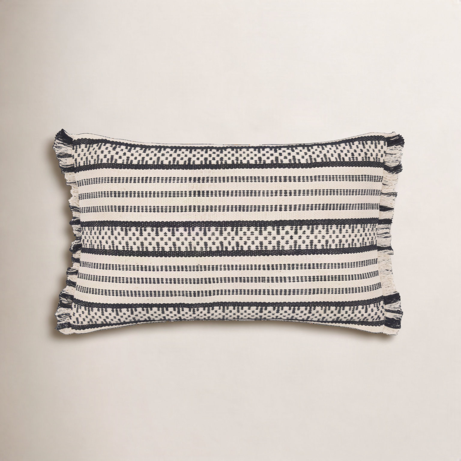 Blu Fringed Cotton Lumbar Pillow Cover