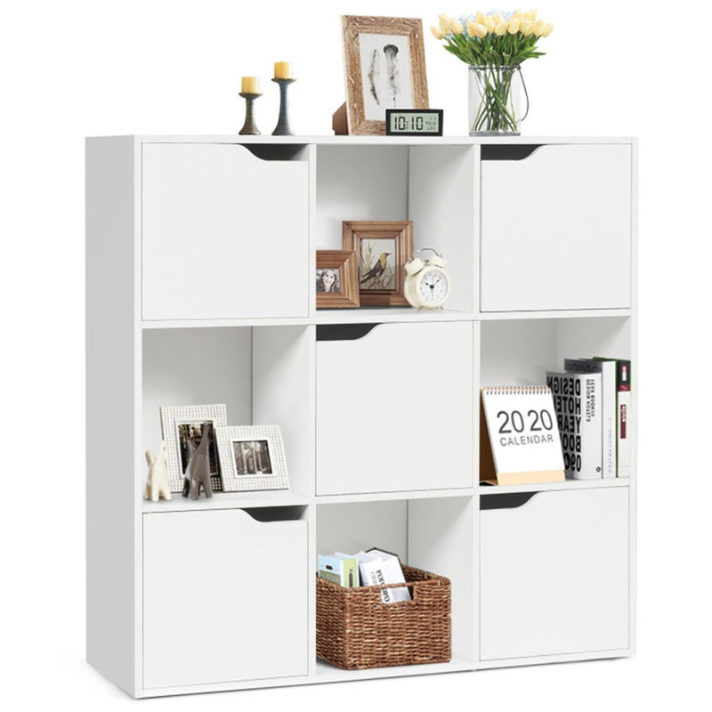 White 9-Cube Bookcase Organizer with Cabinets & Cubbies, 3-Tier Storage Unit for Home