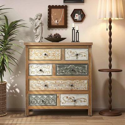 Commode d'appoint rétro en bois avec 6 tiroirs, commode de rangement rustique multicolore sculptée pour chambre à coucher, salon, décor de style campagnard (L 25,59 po x l 12,6 po x H 33,07 po)