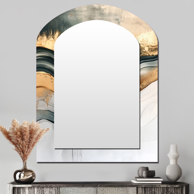 Silent Melody Of Golden Hard Edge Ink II - Hard Edge Painting Arch Unique Wall Mirror, Modern Asymmetrical Mirror, Printed Metal Art