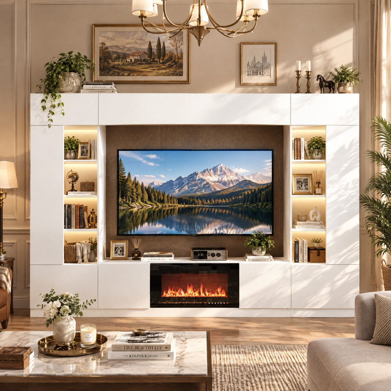 Meuble audio-vidéo de 114 po de large avec foyer électrique, grand meuble télé pour téléviseur de 75 po ou moins avec armoires de rangement et éclairage DEL