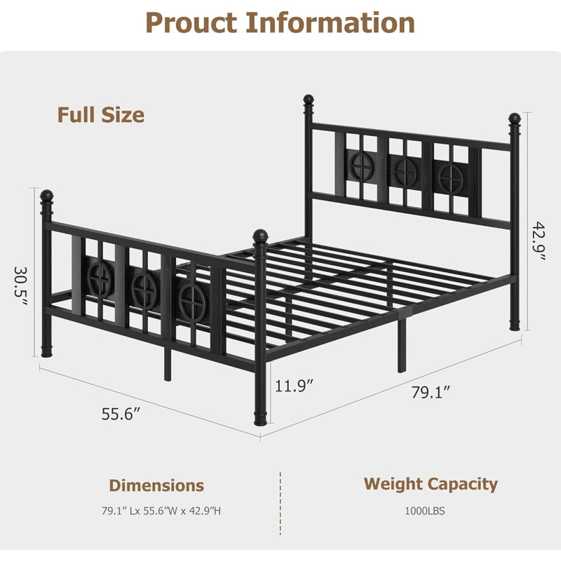 Oriental Vintage Style Metal Platform Bed, Black/Full