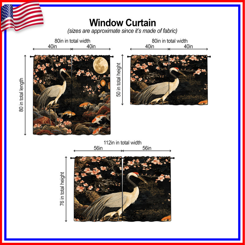 Rideaux Crane Koi Moon Cherry Blossoms, 40 po x 52 po - 2 panneaux, Obscurcissement de chambre