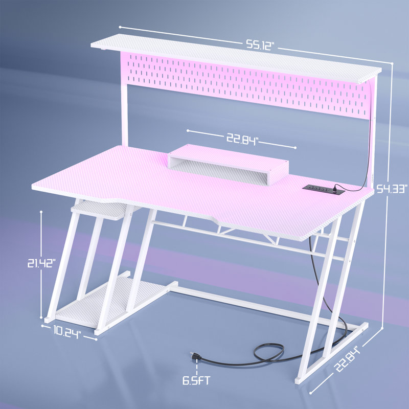 Gaming Computer Desk With Hutch And LED Lights, 55'' Gaming Desk With Storage Shelves, Reversible PC Gaming Desk With Pegboard, Ergonomic Desk For Bedroom, Carbon Fiber Surface