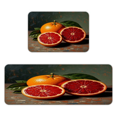 Ensemble de 2 tapis de sol en flanelle, motif peinture à l'huile d'agrumes rouge-orange, style ferme, pour cuisine ou couloir.