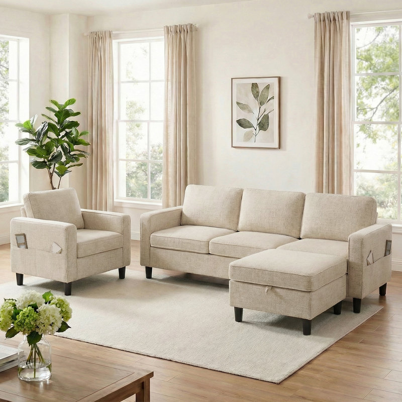 Canapé modulaire convertible 3 pièces avec repose-pieds avec rangement et fauteuil simple avec poches, beige