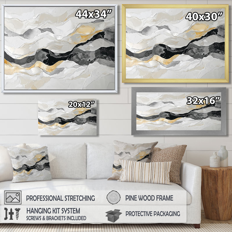 Gris, peinture noire, rivière de dérive, art cinétique - art cinétique mural, Toile tendue, H 16 po x l 32 po