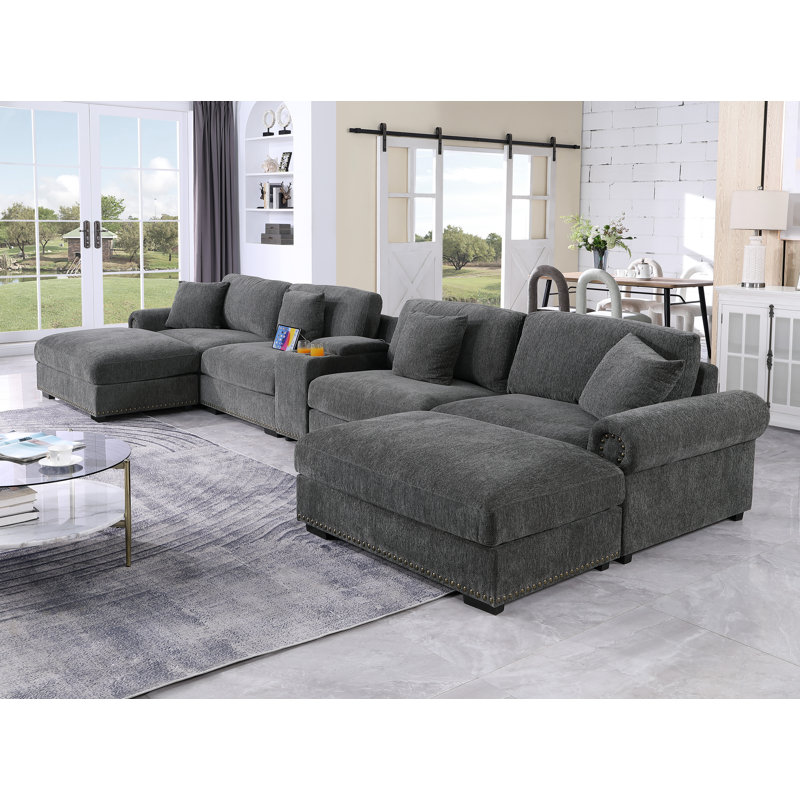 7 - Piece 179.86" U Shape Sectional Sofa Cloud Couch With Removable Ottomans & Cup Holder, USB & Type-C Charging Ports