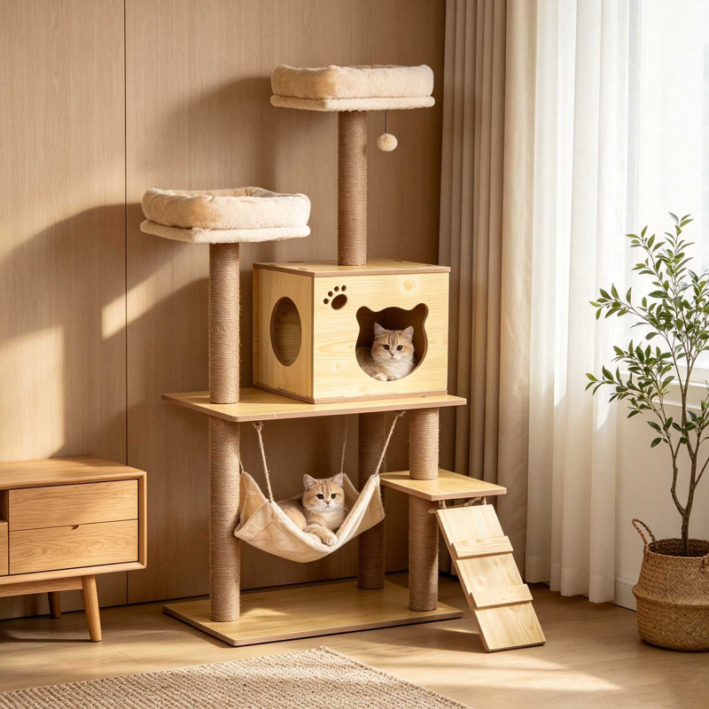 130cm Multi‑Level Plush Cat Tower with Five Jute Scratching Posts, Cat House & Hammock, Yellow