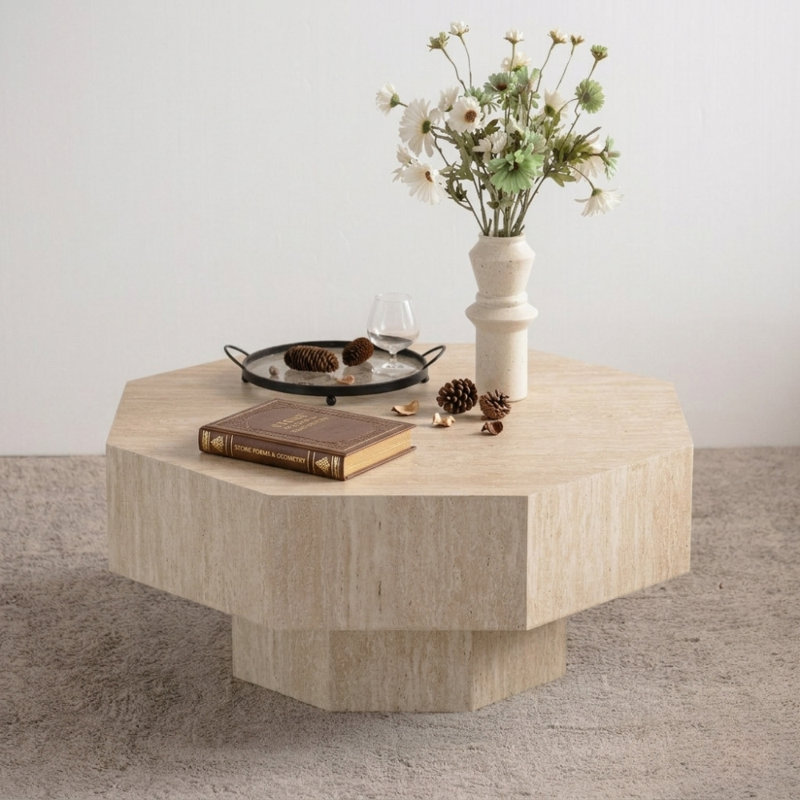 30.5'' Modern Octagon Drum Beige Travertine texture Wooden Coffee Table For Living Room&bedroom