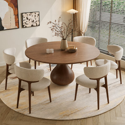 Rustic Farmhouse Round Dining Table for 6 with Wood-Grain Top and Sculptural Pedestal Base