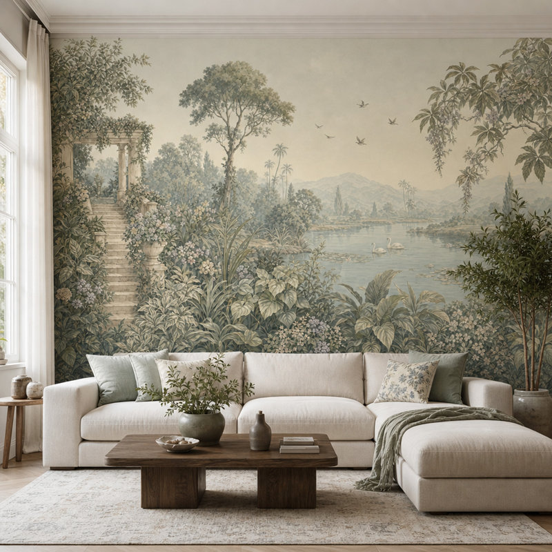 Papier peint pastorale paysage classique jardin terrasse lac avec cygnes décoration murale amovible, Non-Woven Nonpasted