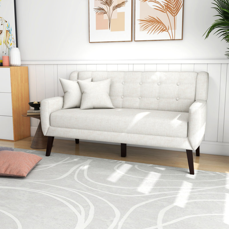 Jaqueze Upholstered Beige Linen Blend Button Tufted Square Arm Loveseat, Beige Linen Blend