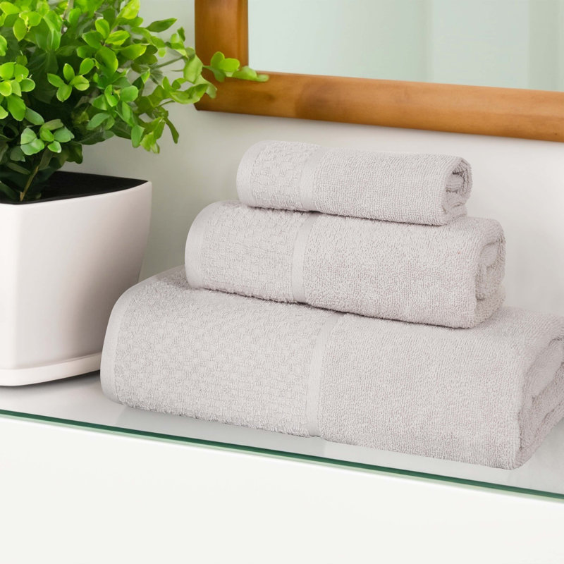 Eliora Lodie Cotton Plush Soft Absorbent Jacquard Solid 3 Piece Towel Set, Stone/White
