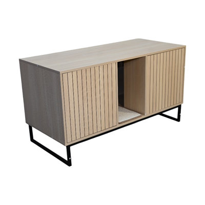 Maison pour chat avec tapis à griffer, 76,4 lb, 48,65 po x 21,5 po, 25,78 po, et tendance, brun, panneau de particules + maison brune, style moderne pour les salons