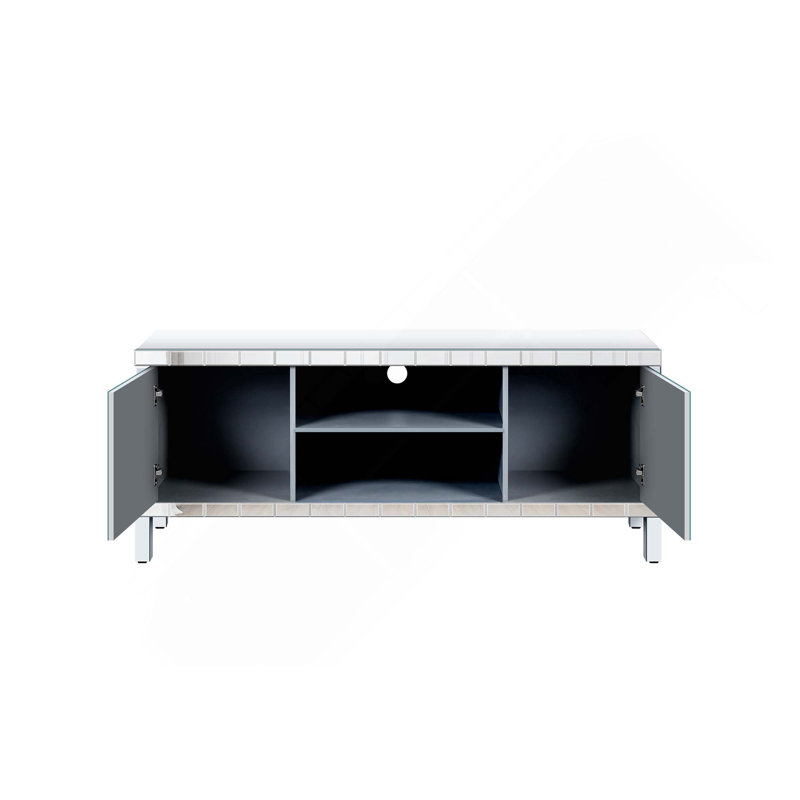 Console multimédia moderne avec portes en miroir en forme de diamant et espace de rangement ouvert, L 59 po