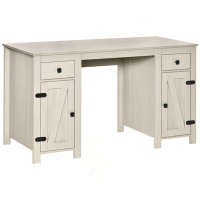 Bureau d'ordinateur de ferme avec rangement, bureau à domicile avec 2 tiroirs et 2 armoires, blanc crème
