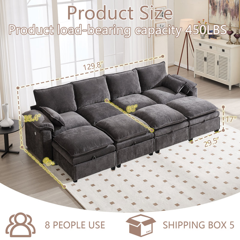 130'' 4-Seat Chenille Sectional With Four Ottomans, Dark Gray Chenille