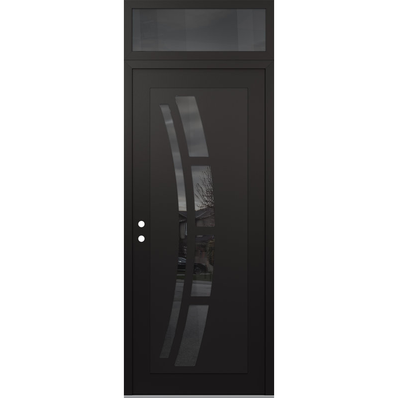 C12 Right-Hand 36 In. X 96 In. Panel Black Steel Black And Black Mirrored Glass With Transom Mirrored Glass Prehung Front Entry Door