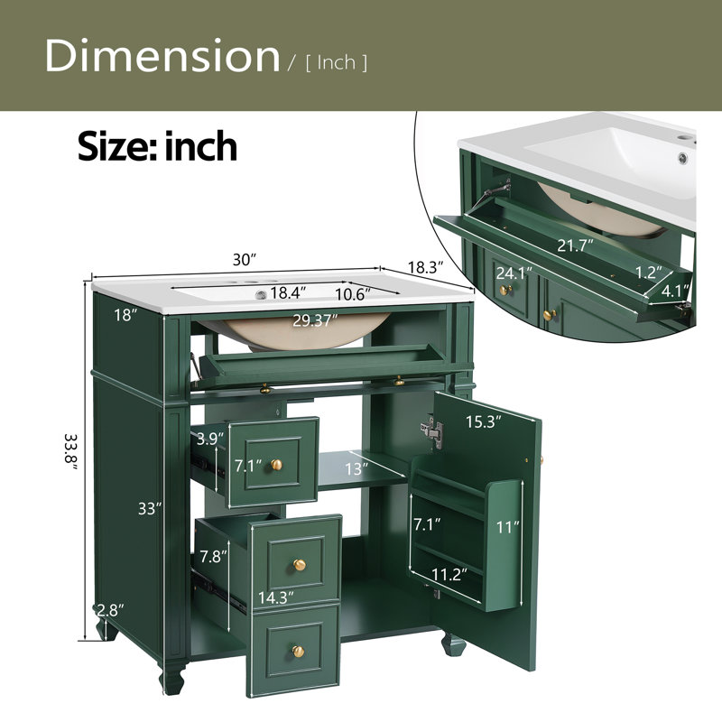 Meuble-lavabo de salle de bain avec lavabo en céramique, 30 po, armoire de rangement avec portes à fermeture en douceur et organisateur de porte