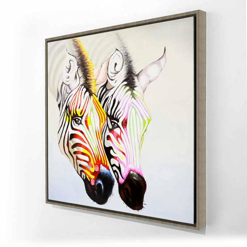 Couple de zèbres colorés - art contemporain sur toile jaune